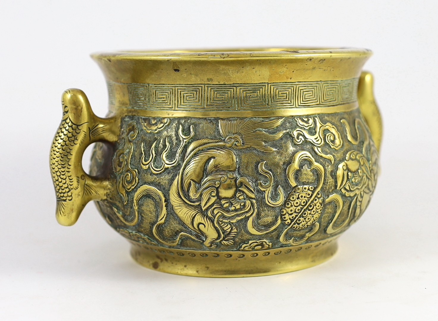 A Chinese polished bronze ‘Buddhist lion’ censer, gui, 19th century, 19.5cm wide, rim diameter 14cm